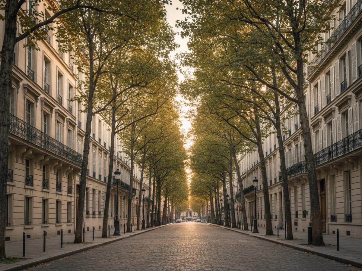 Boulevard parisien bordé d'immeubles haussmanniens alignés