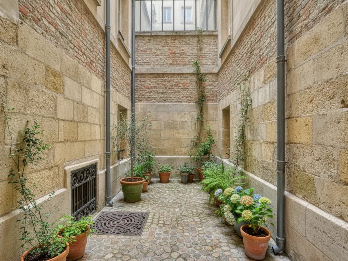 Courette intérieure étroite d'un immeuble ancien parisien, murs hauts et descentes de zinc