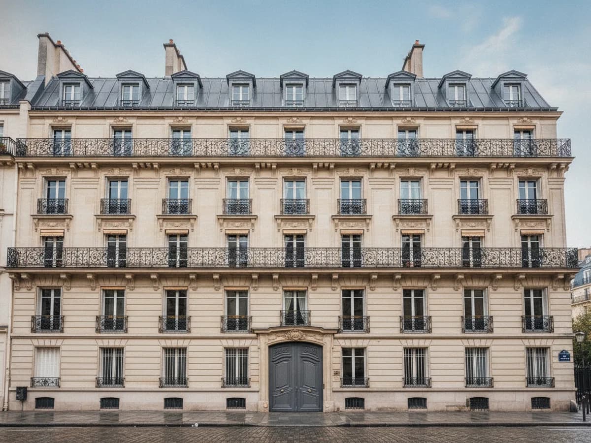 Façade d'immeuble haussmannien en pierre de taille avec balcons en fer forgé