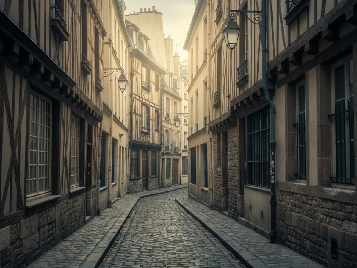 Rue historique étroite du Marais avec ses bâtiments anciens protégés