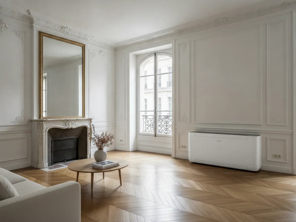 Climatiseur monobloc discret installé en allège dans un salon haussmannien