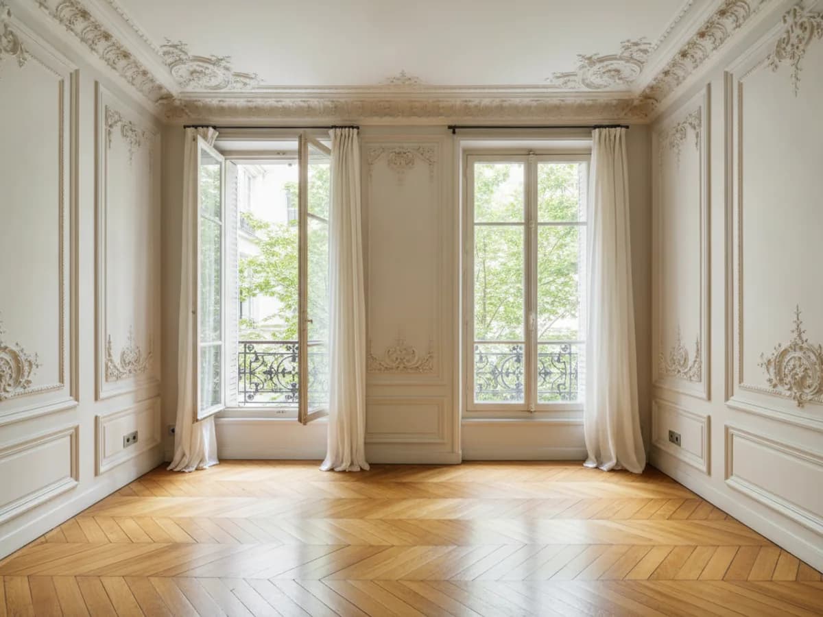 Salon haussmannien de 28 m² aux Batignolles avant installation, parquet point de Hongrie