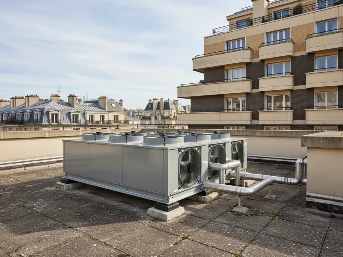 Dry-cooler mutualisé installé en toiture-terrasse d'une copropriété