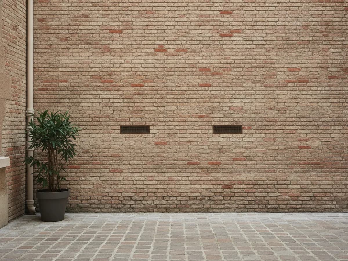 Monobloc mural installé dans le séjour faubourien, grilles extérieures fondues dans la brique