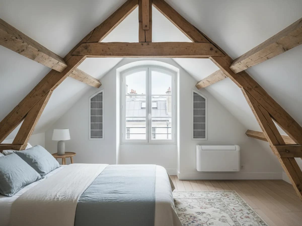 Chambre mansardée climatisée par une petite grille encastrée dans le soubassement, peinte ton mur