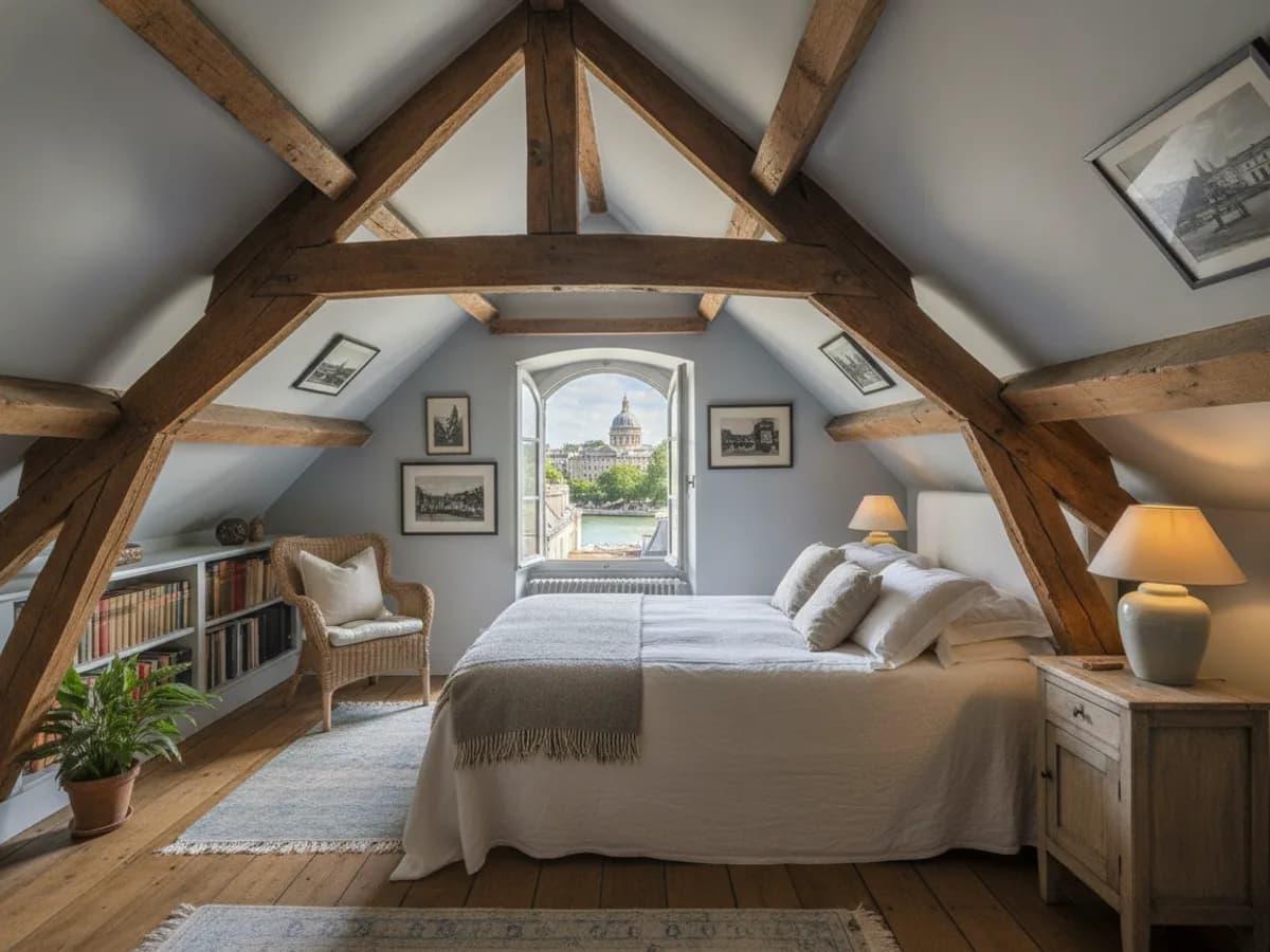 Chambre mansardée sous combles sur l'Île Saint-Louis avant climatisation