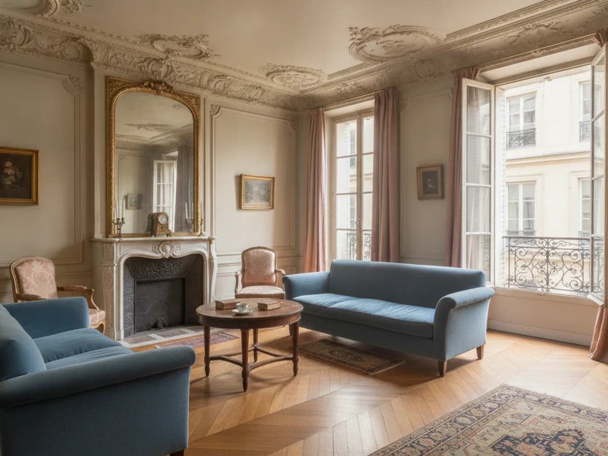 Séjour haussmannien à moulures avant travaux, sans climatisation, dans le Marais