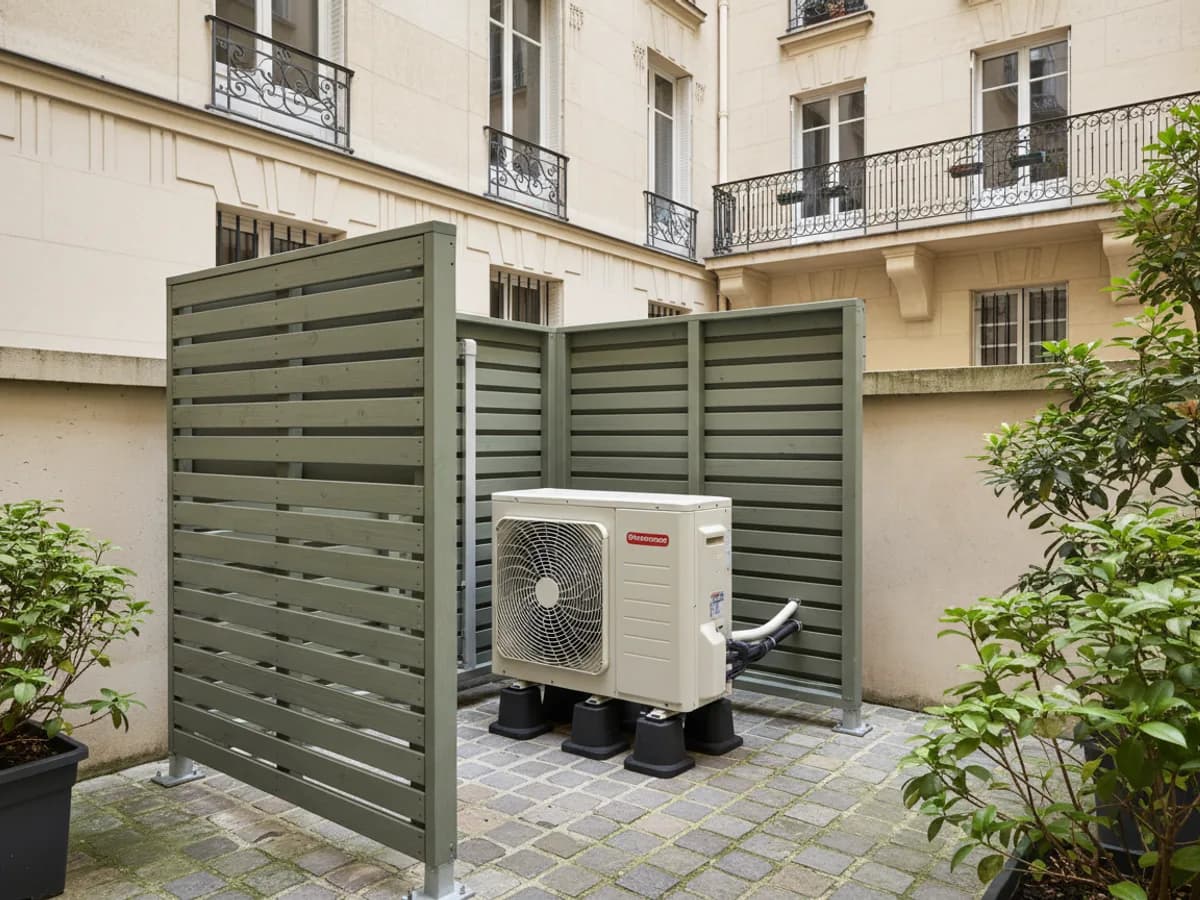 Groupe extérieur multi-split installé en courette sur silentblocs